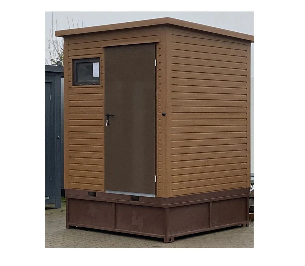 Contenedor sanitario en diseño de madera con depósito de residuos